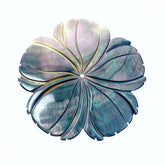 A hand-carved black mother of pearl bead in a 5-petal flower shape with a shiny, iridescent finish.