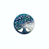A round black mother of pearl bead with a carved tree of life design.