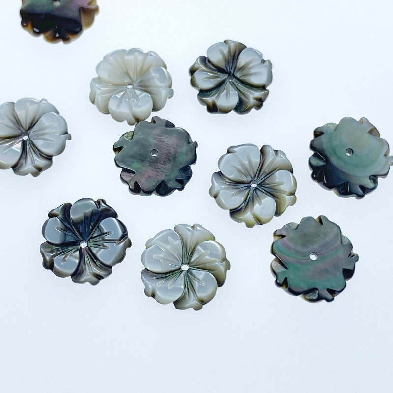 Bauhinia Flower Beads Black Mother Of Pearl 12mm Hand Carved Charms BM-0053