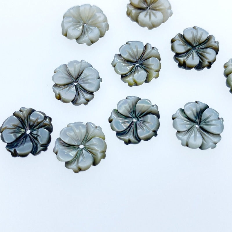 Bauhinia Flower Beads Black Mother Of Pearl 12mm Hand Carved Charms BM-0053