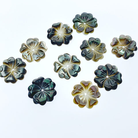 10pc Flower Beads Black Mother Of Pearl Flower 15mm Hand Carved BM-0077