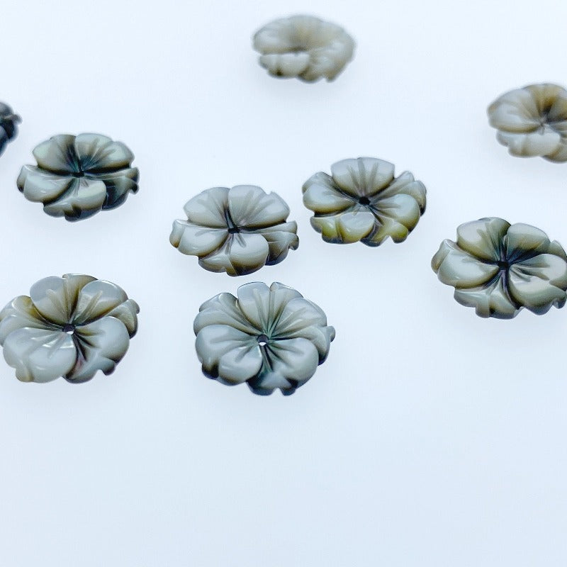 Bauhinia Flower Beads Black Mother Of Pearl 12mm Hand Carved Charms BM-0053