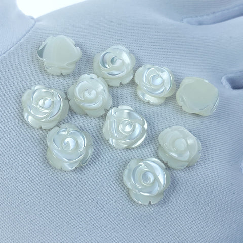 10pc Rose Flower Beads White Mother Of Pearl 10mm Hand Carved WM-0013