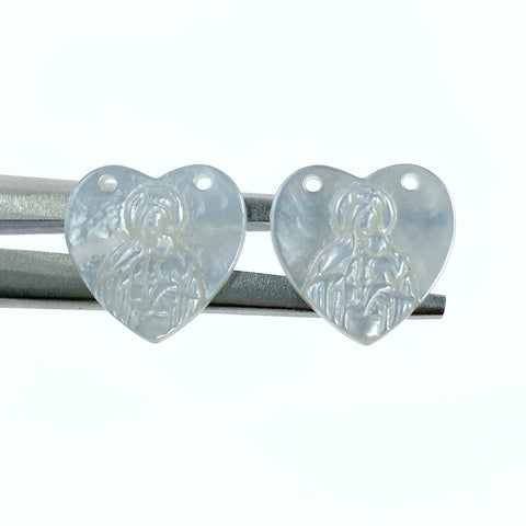 2pc Virgin Mary Baby Jesus Mother Of Pearl Heart Beads 15mm Heart Connectors Pendants Charms Religious Jewelry Making Hand Carved WM-0056