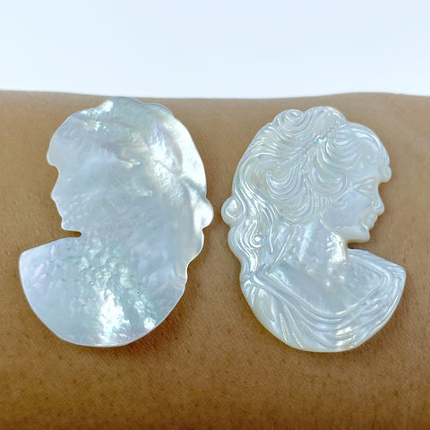 2pc 25mm x 36mm White Mother of Pearl Hand Carved Victorian Woman Cabochons WM-0194