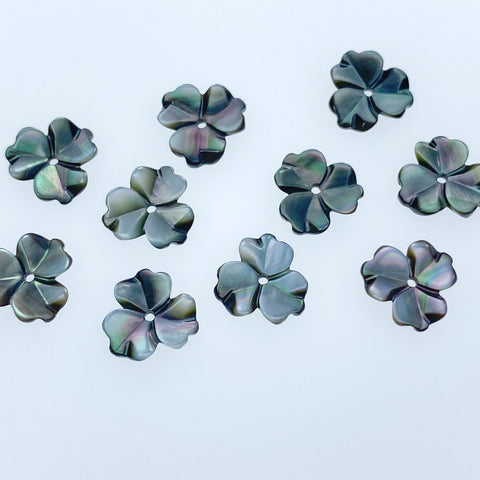 10pc 3 Petal Flower Beads Black Mother of Pearl 10mm Charms BM-0026