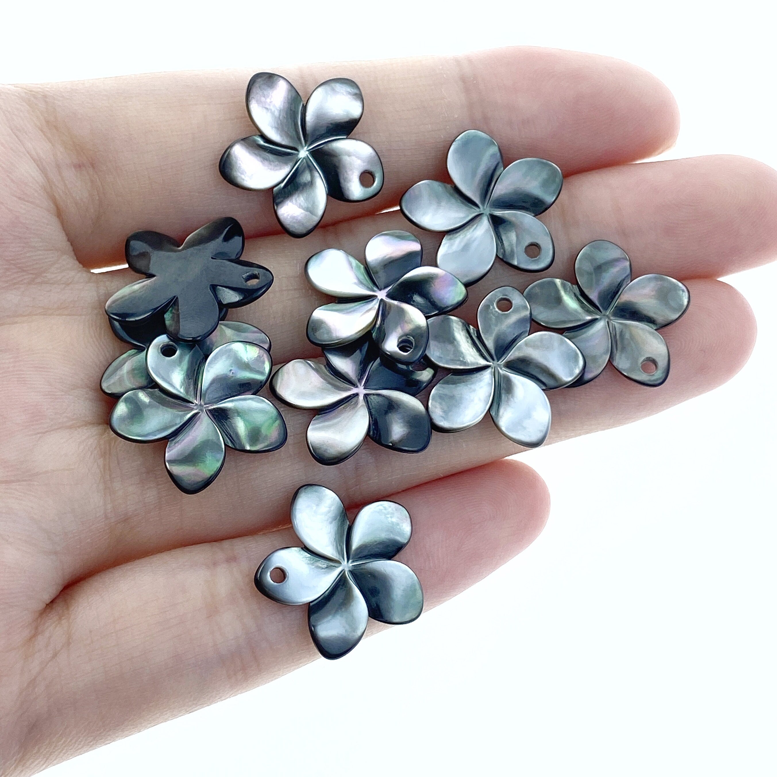 6pc Plumeria Flower Black Mother of Pearl Beads 17mm Hand Carved BM-0028