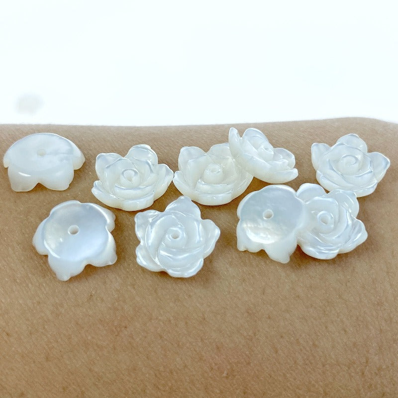 10pc Rose Flower Beads White Mother Of Pearl 10mm Hand Carved WM-0210