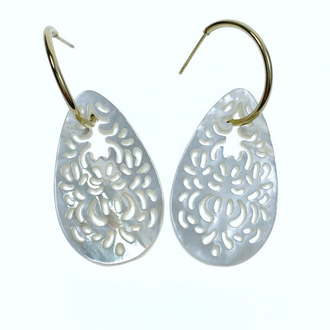 2pc White Mother of Pearl Filigree Pendants 20mm x 35mm Drop Shape Minimalist Design Jewelry Making DIY For Her WM-0198