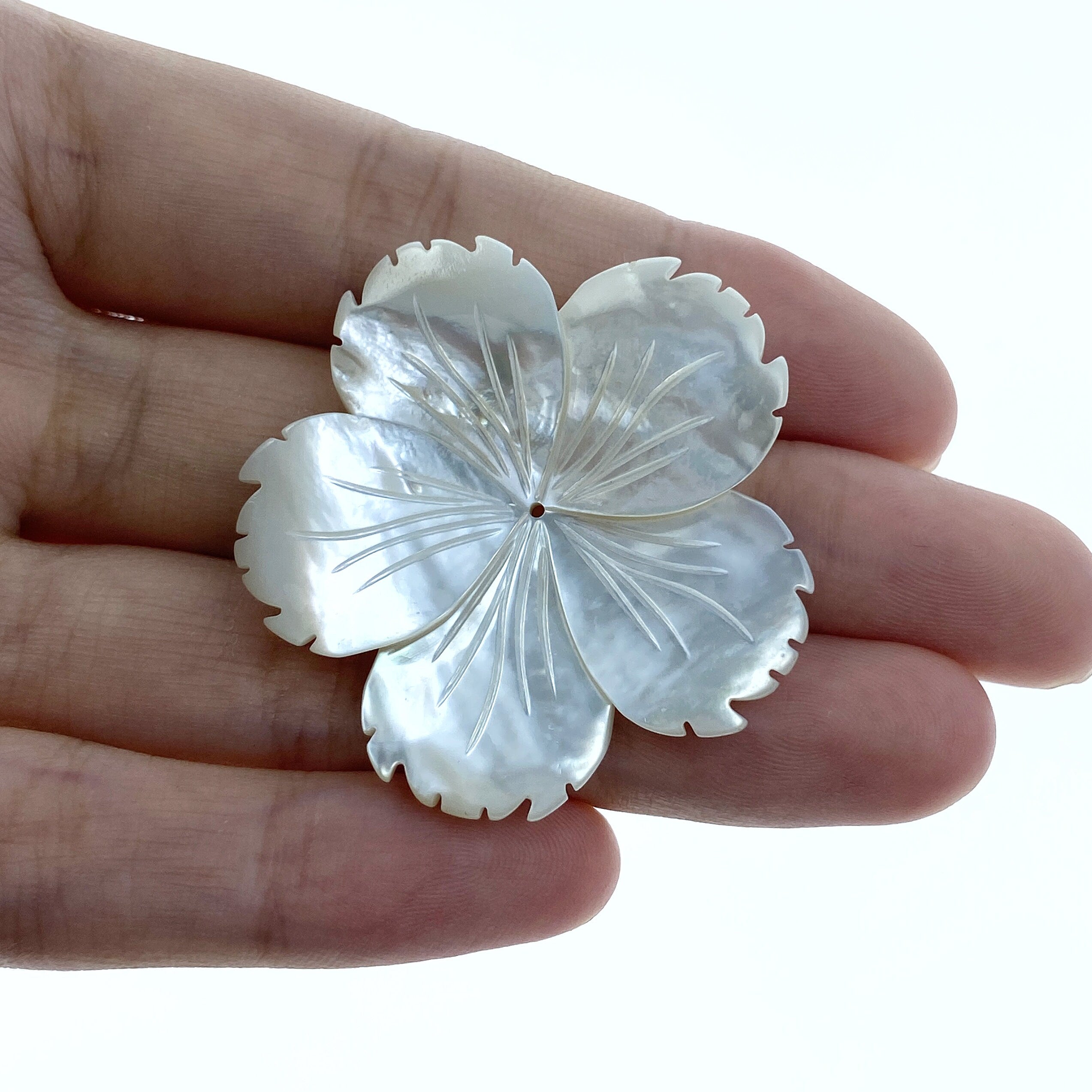 2pc 39mm Hand Carved White Mother of Pearl 5-petal Flower Beads WM-0168