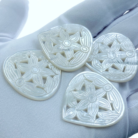 2pc 30mm x 31mm White Mother of Pearl Hand Carved Drop Flower Cabochons WM-0154