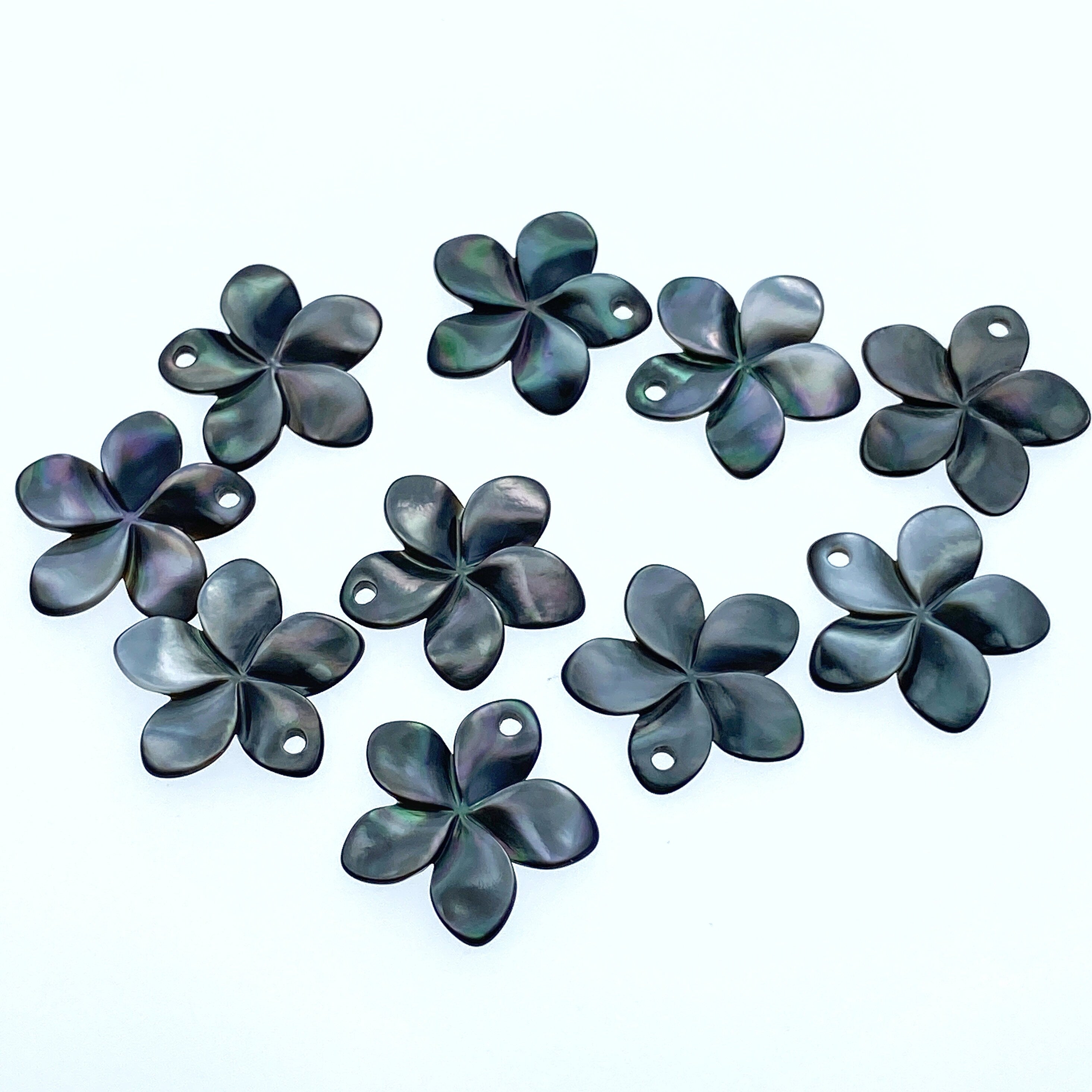 6pc Plumeria Flower Black Mother of Pearl Beads 17mm Hand Carved BM-0028