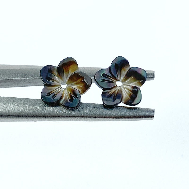 10pc Tropical Flower Black Mother Of Pearl Beads 10mm Hand Carved Hawaiian Flower CharmsBM-0020