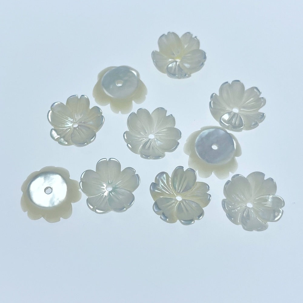 10pc Tropical Flower Beads White Mother Of Pearl Charms 10mm Hand Carved For DIY Bridal Jewelry WM-0069