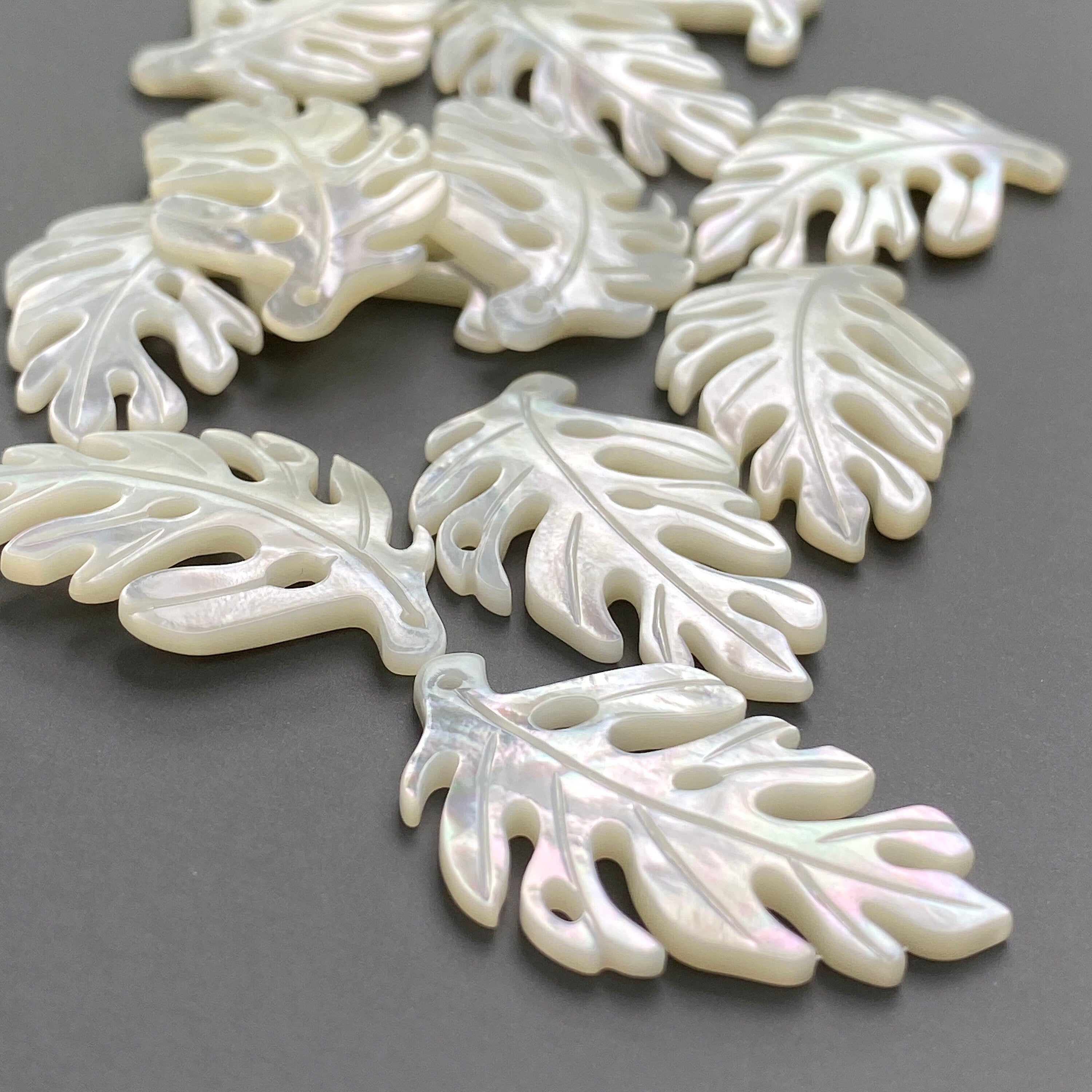 2pc White Mother of Pearl Monstera Leaf 33mm Pendants For Earrings DIY Jewelry Making Tropical Minimalistic Design Hawaiian Leaf WM-0139