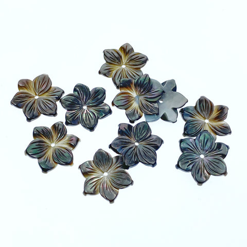 10pc Hand Carved Black Mother of Pearl 15mm 6-petal Flower Beads BM-0102