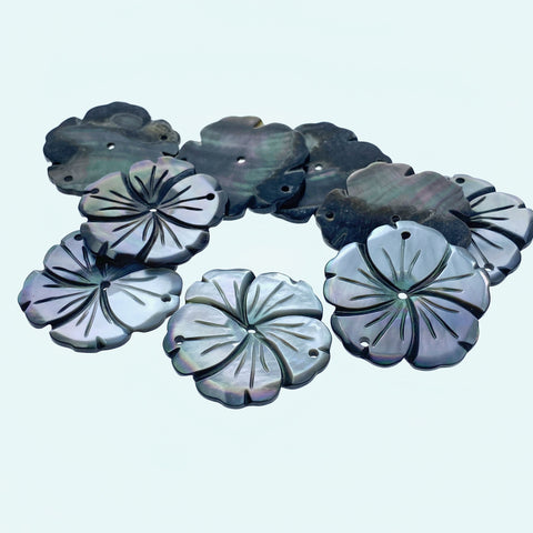 6pc 30mm Hand Carved Black Mother of Pearl Bauhinia Flower Connector Pendants BM-0010