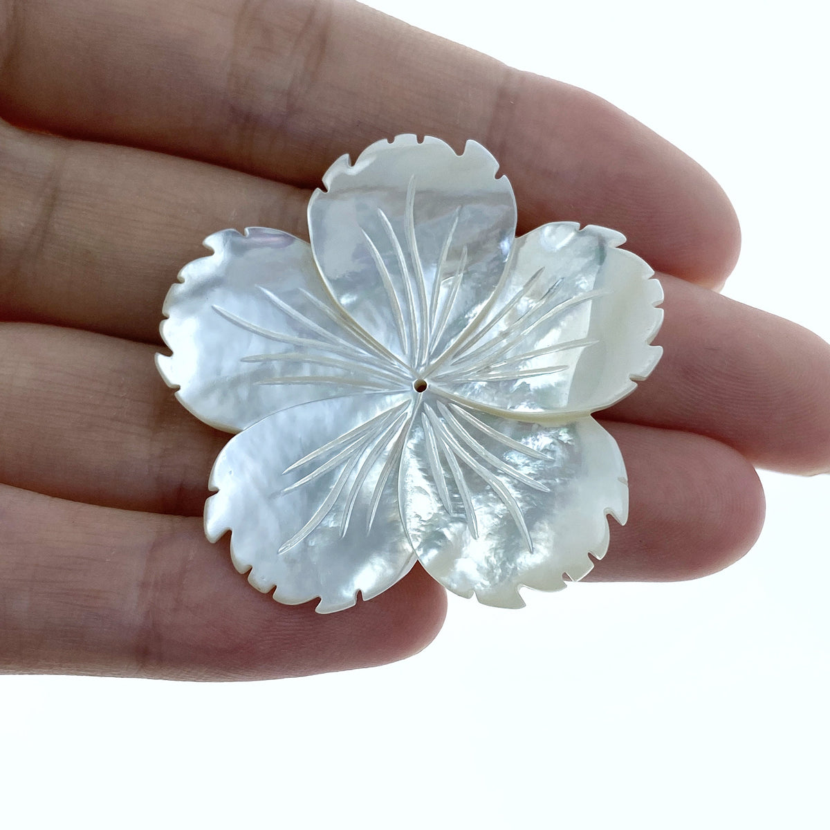 2pc 39mm Hand Carved White Mother of Pearl 5-petal Flower Beads WM-0168