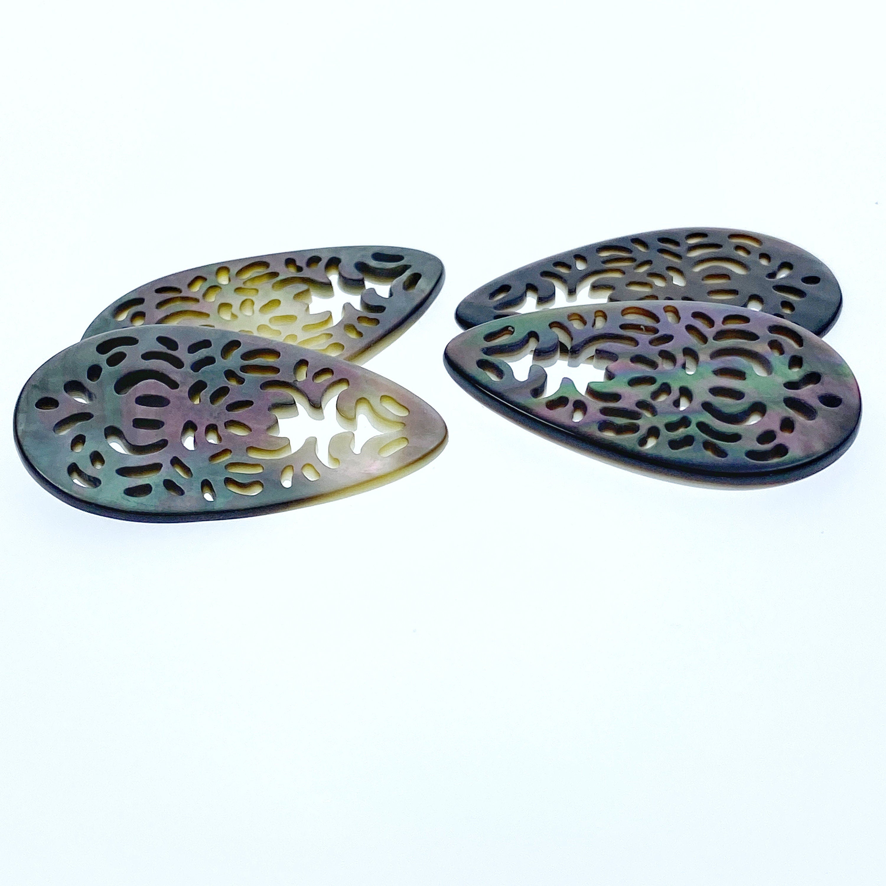 2pc 20mm x 35mm Natural Black Mother of Pearl Filigree Drop Shape Pendants BM-0100