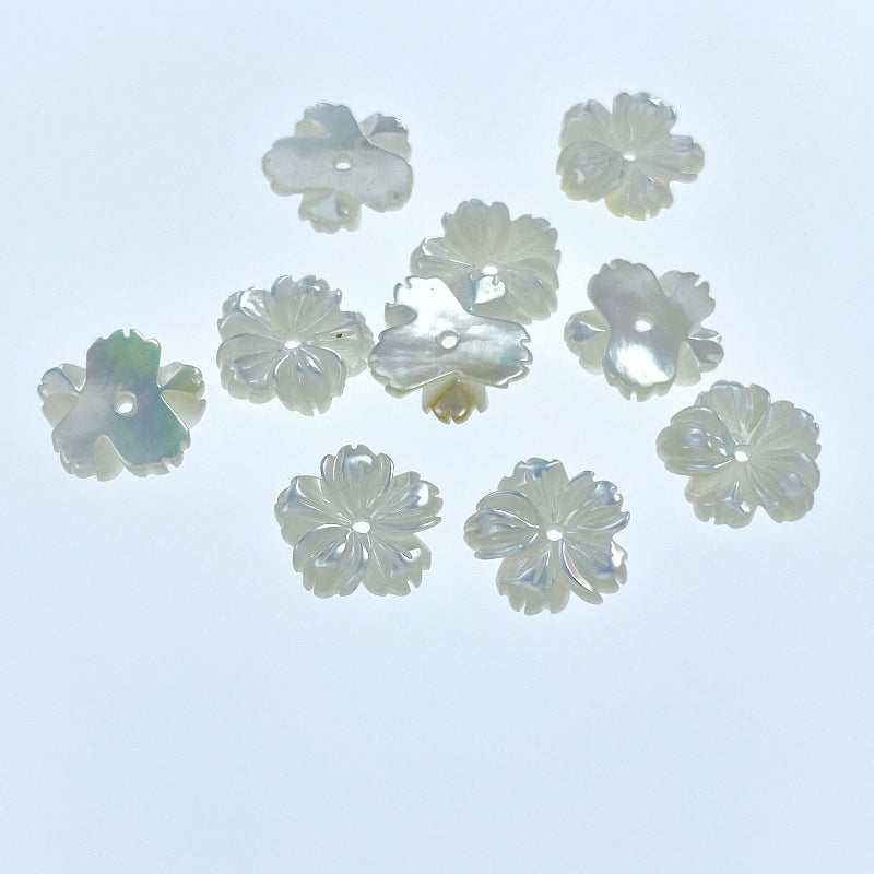 10pc Hawaiian Flower Beads White Mother Of Pearl 10mm Hand Carved Bridal Jewelry Minimalist Design WM-0089