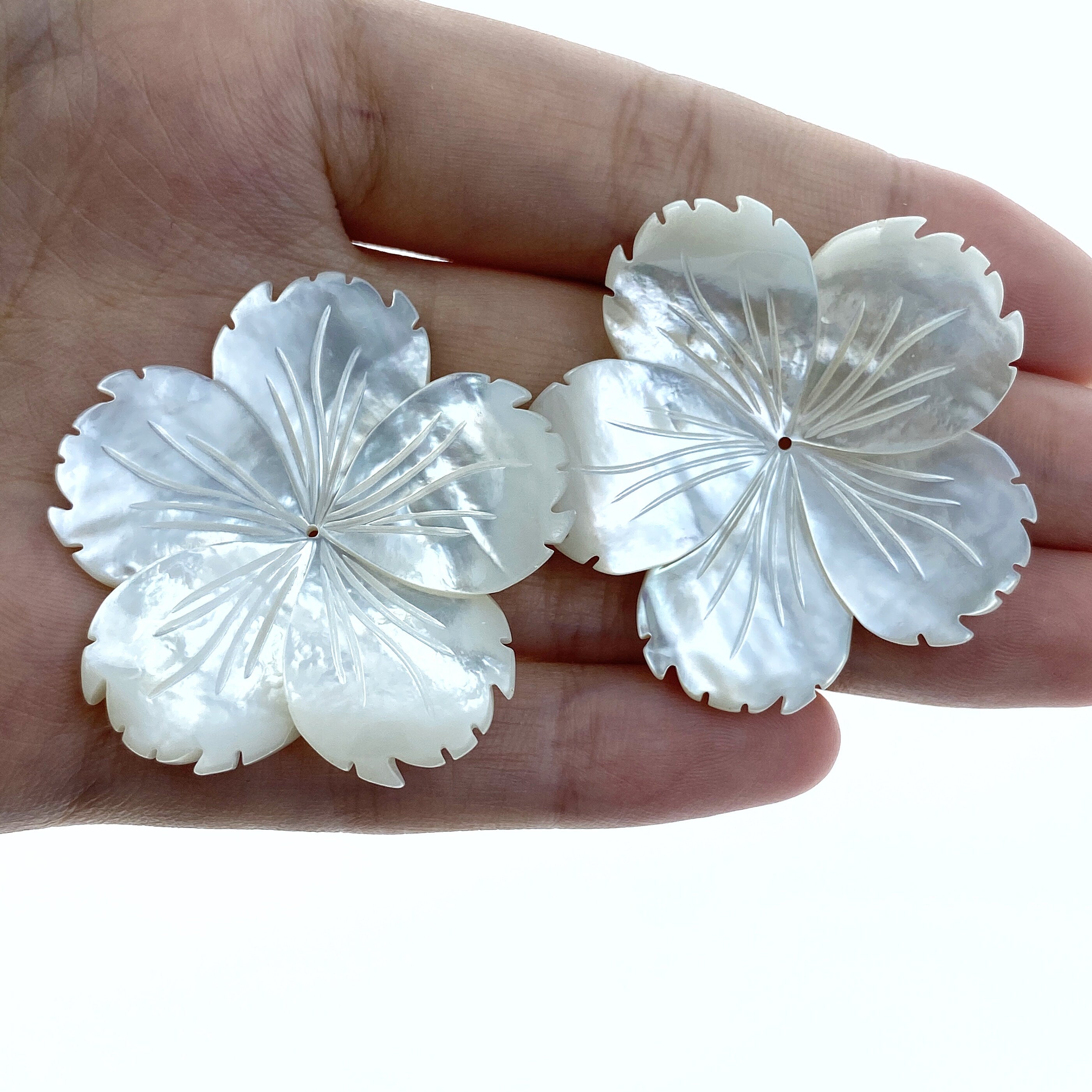 2pc 39mm Hand Carved White Mother of Pearl 5-petal Flower Beads WM-0168