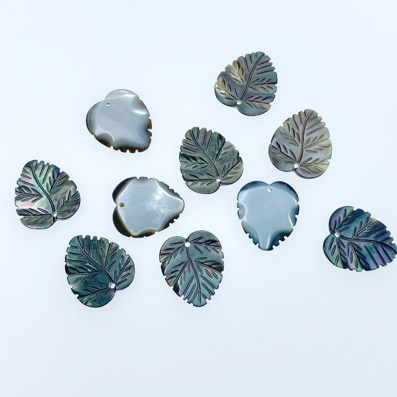 Black Mother Of Pearl Leaf Beads 14mm Hand Carved