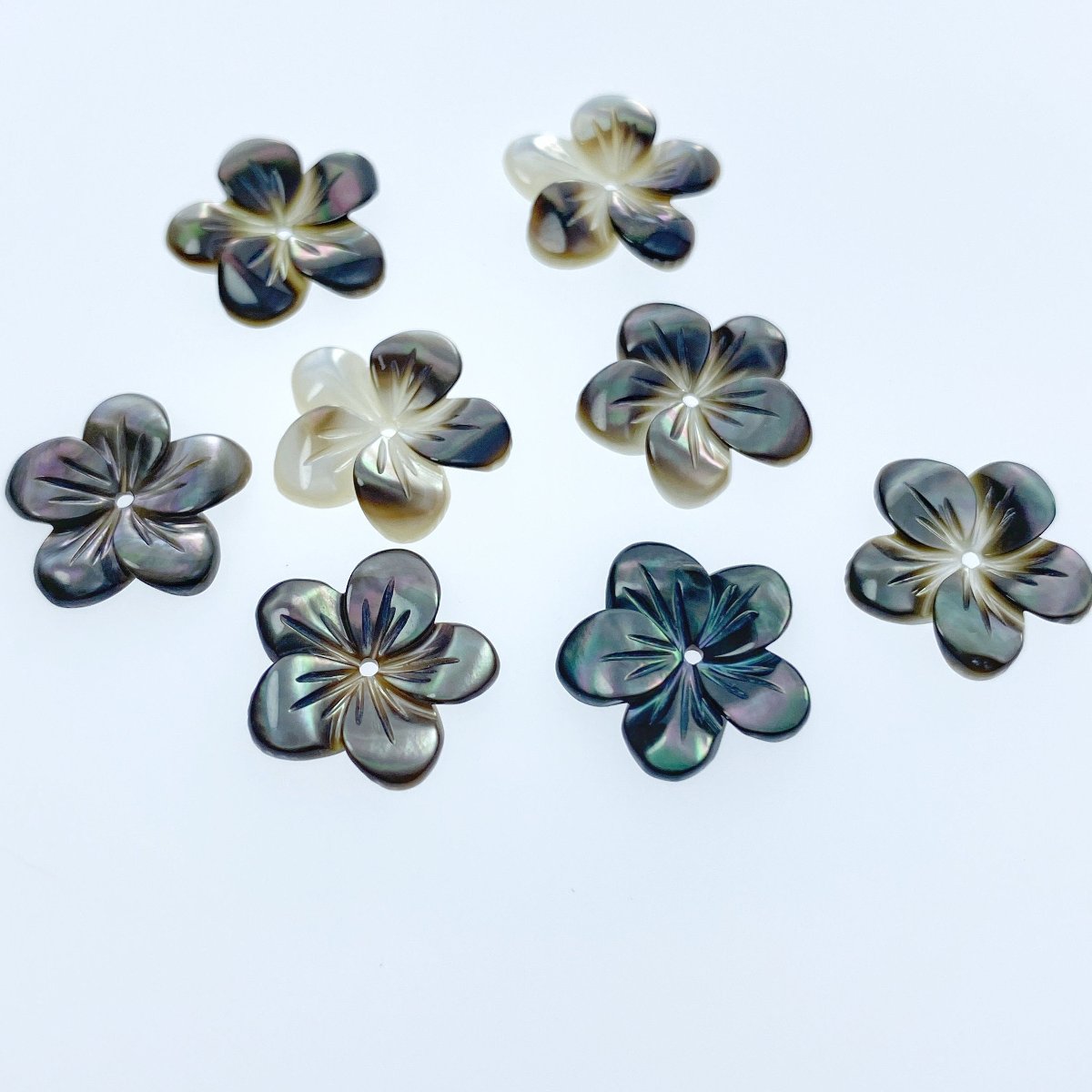 10pc Hand Carved Black Mother of Pearl 14mm 5-petal Flower Beads BM-0108