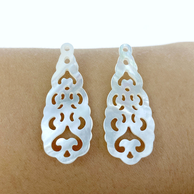  Filigree Drop Mother Of Pearl Earring Making Dangle 35mm Jewelry Making Necklace Pendant Hand Carved Minimalist Natural Organic WM-0040