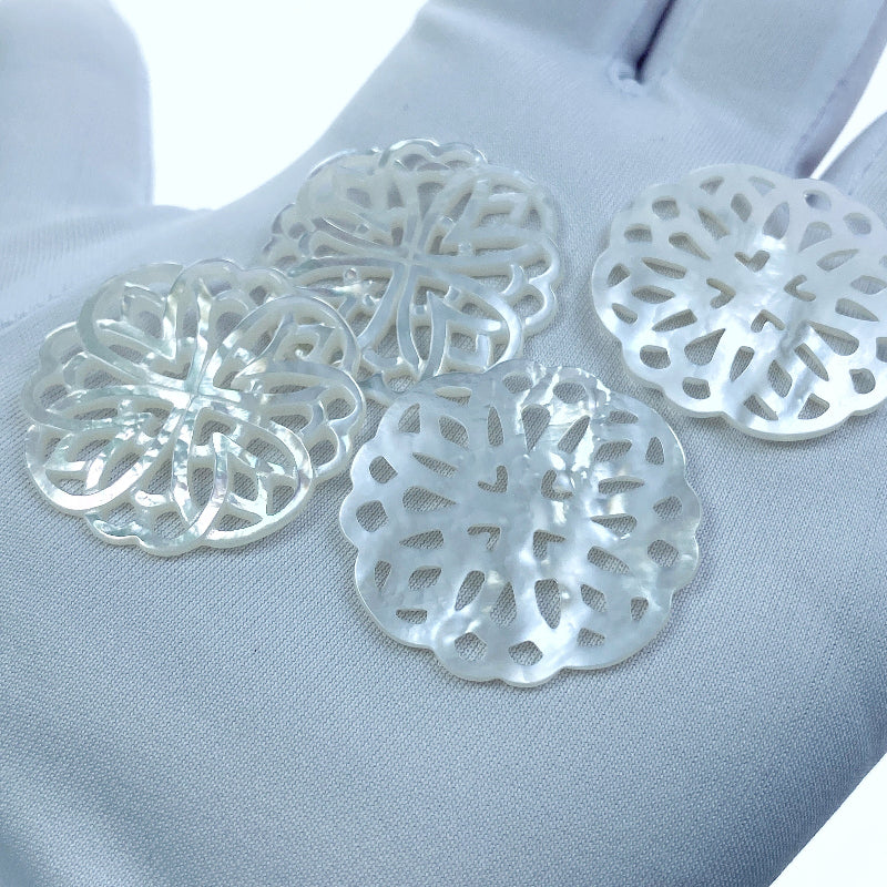 Rosette Flower Beads White Mother Of Pearl Round Filigree WM-0074