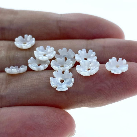 10pc Flower Bowl Beads White Mother Of Pearl 6mm Hand Carved WM-0026