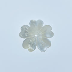 A single hand-carved white mother of pearl 5-petal flower bead on a white background.