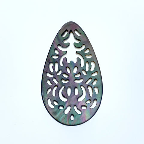 2pc 20mm x 35mm Natural Black Mother of Pearl Filigree Drop Shape Pendants BM-0100