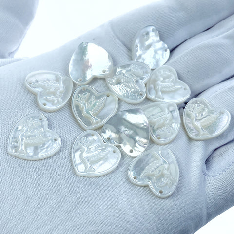 2pc 15mm x 15mm White Mother of Pearl Heart Shape Dove Connectors Pendants WM-0223