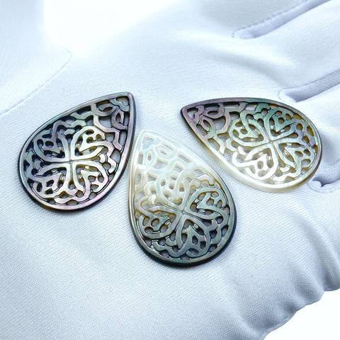 2pc 22mm x 33mm Natural Black Mother of Pearl Filigree Drop Shape Pendants BM-0055