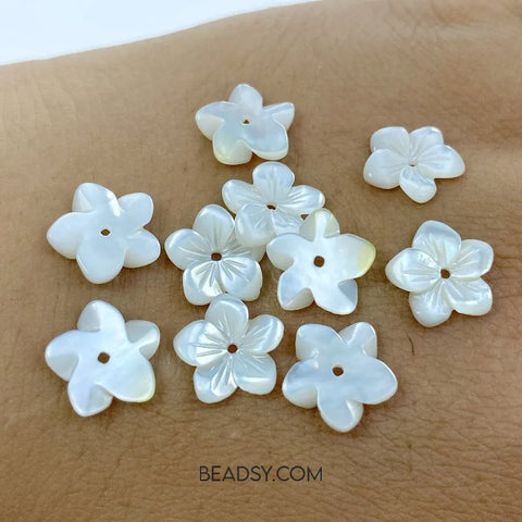 10pc Floral Beads White Mother Of Pearl 10mm Hand Carved For Bridal Jewelry Making WM-0039