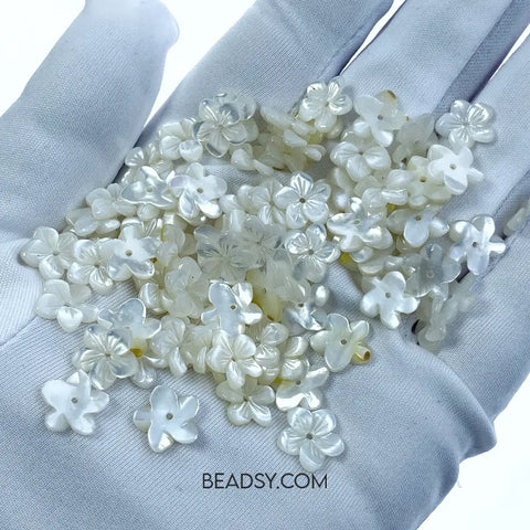 10pc Floral Beads White Mother Of Pearl 10mm Hand Carved For Bridal Jewelry Making WM-0039