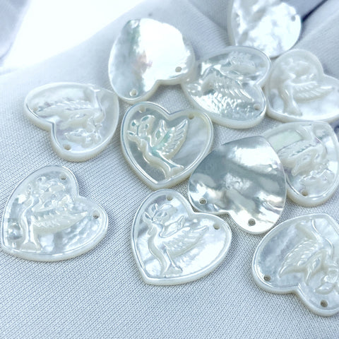 2pc 15mm x 15mm White Mother of Pearl Heart Shape Dove Connectors Pendants WM-0223