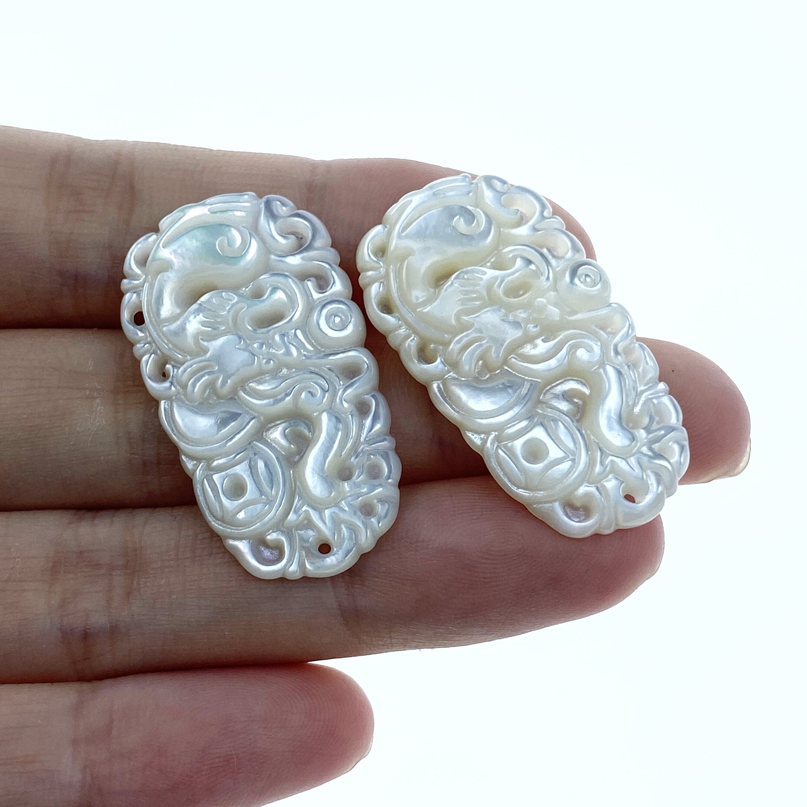 2pcs Chinese Dragon Mother Of Pearl Pendants 34mm Hand Carved DIY Jewelry Making Natural Organic Charms Detailed Design WM-0120