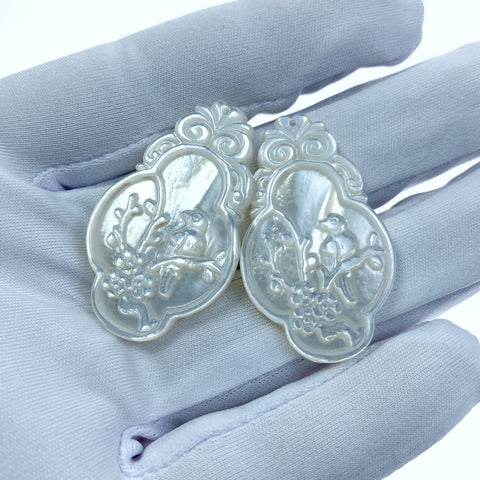 2pc Mother Of Pearl Oriental Bird & Flower Beads Charms 37mm Pendant Minimalist Design DIY Jewelry Earrings Making Hand Made White WM-0008