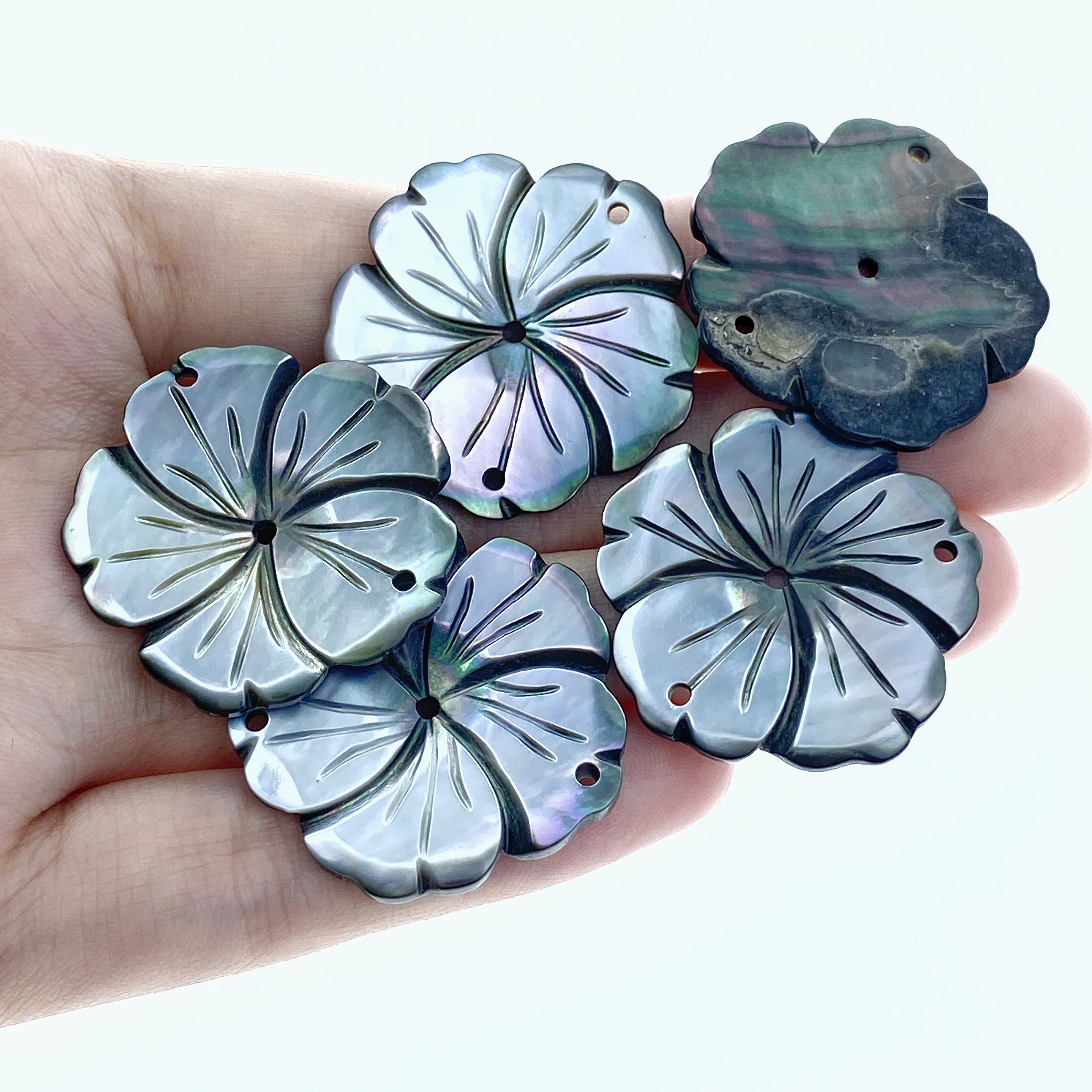 6pc 30mm Hand Carved Black Mother of Pearl Bauhinia Flower Connector Pendants BM-0010