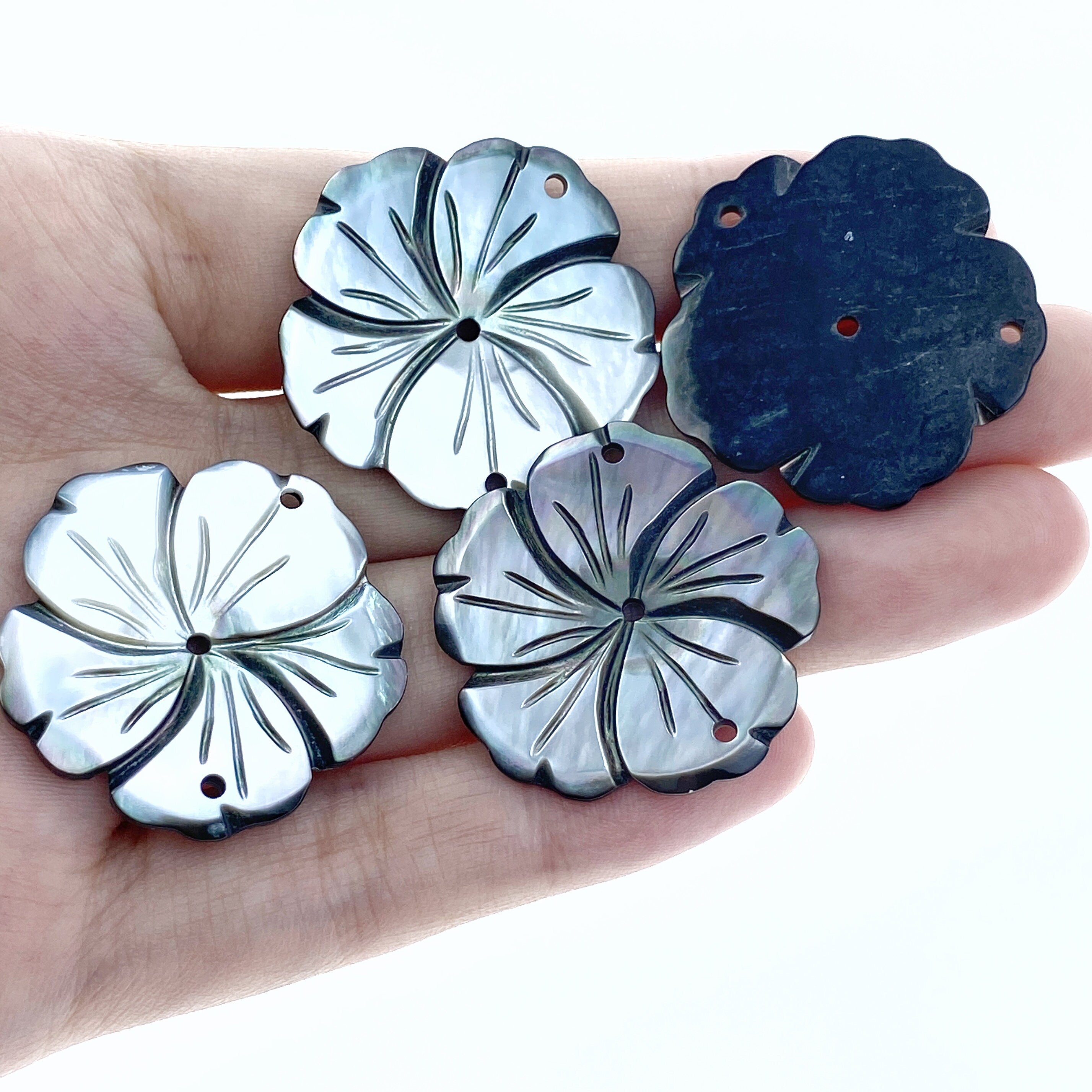 6pc 30mm Hand Carved Black Mother of Pearl Bauhinia Flower Connector Pendants BM-0010