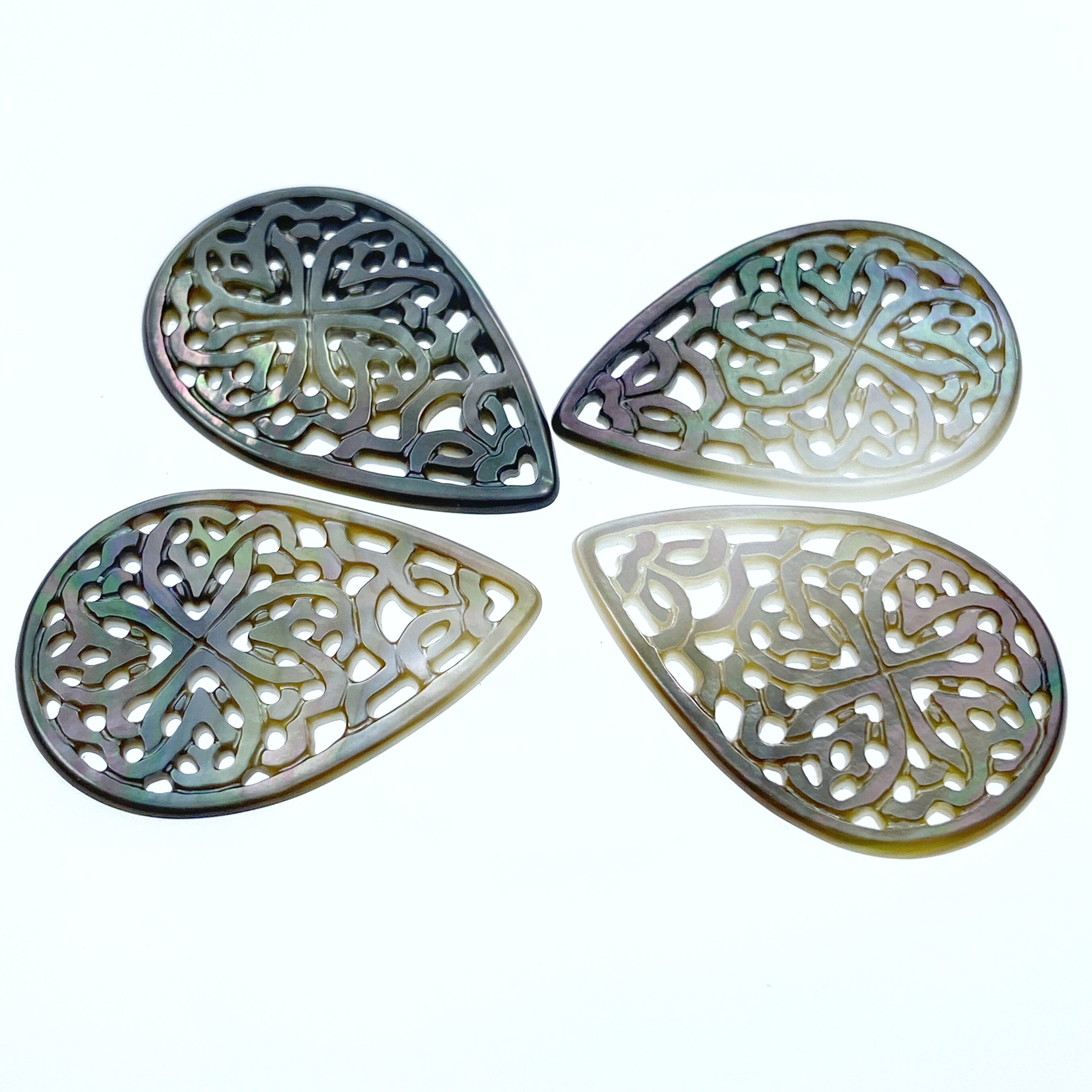 2pc 22mm x 33mm Natural Black Mother of Pearl Filigree Drop Shape Pendants BM-0055