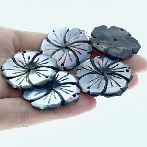 6pc 30mm Hand Carved Black Mother of Pearl Bauhinia Flower Connector Pendants BM-0010