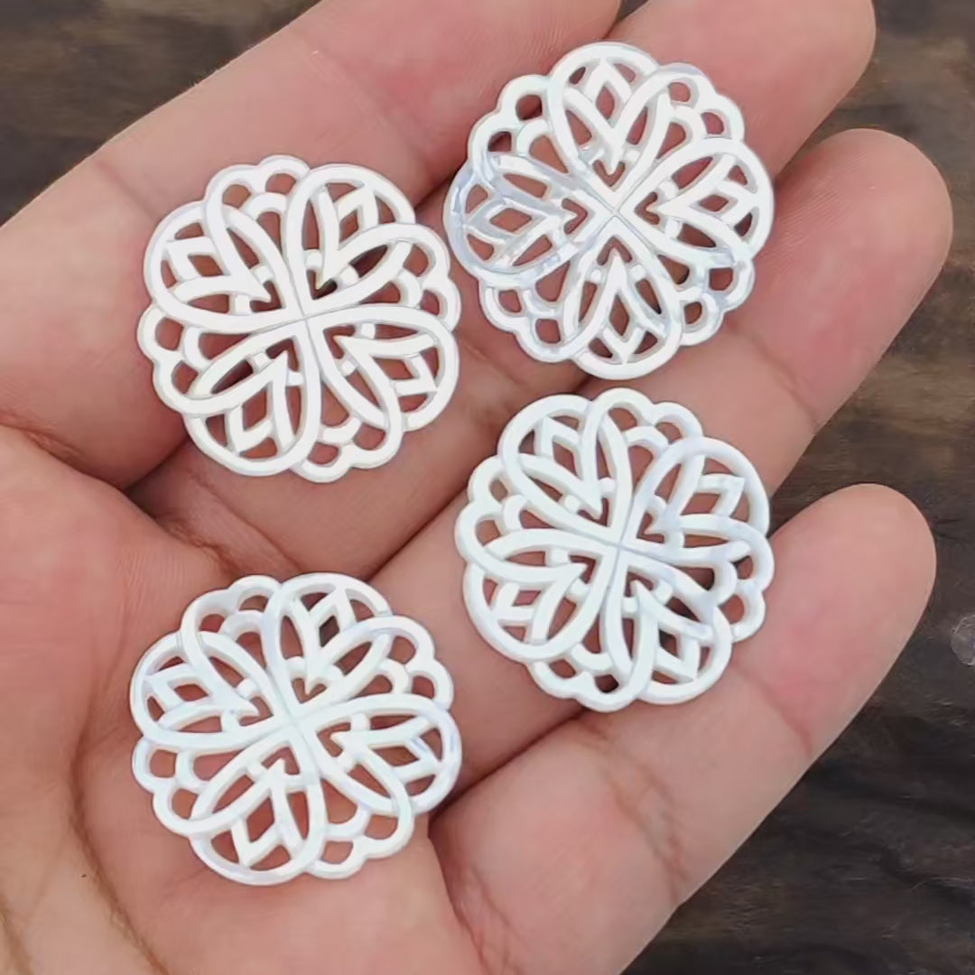Rosette Flower Beads White Mother Of Pearl Round Filigree WM-0074