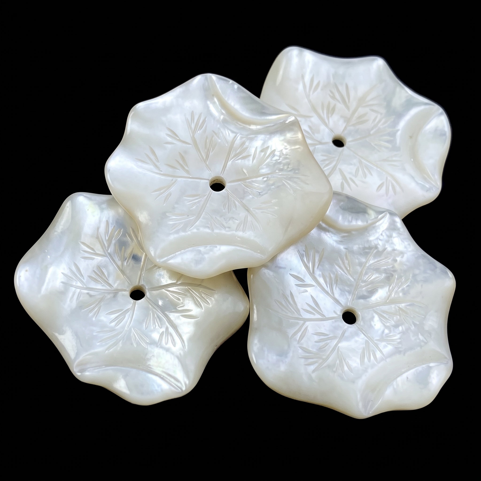 2pc Lotus Leaf Beads White Mother Of Pearl 30mm Hand Carved WM-0003